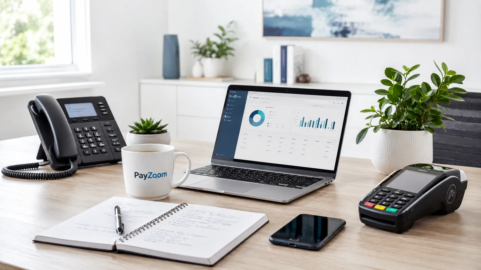 A PayZoom-equipped desk — desk phone, branded mug, laptop dashboard, and card terminal